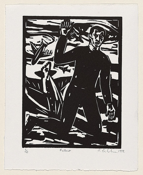 Artist: b'Belvedere, Dominic.' | Title: b'Fallout' | Date: 1999 | Technique: b'linocut, printed in black ink, from one block' Artist: b'Belvedere, Dominic.' | Title: b'Fallout' | Date: 1999 | Technique: b'linocut, printed in black ink, from one block'