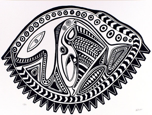 Artist: b'Lasisi, David.' | Title: b'Samkuila' | Date: 1976 | Technique: b'screenprint, printed in blue ink, from one stencil' Artist: b'Lasisi, David.' | Title: b'Samkuila' | Date: 1976 | Technique: b'screenprint, printed in blue ink, from one stencil'