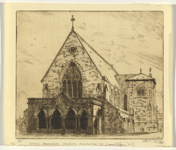 Artist: b'Carlier, Frederick.' | Title: b'Stow Memorial Church, Adelaide, S.A.' | Date: 1933 | Technique: b'etching, printed in black ink, from one plate' Artist: b'Carlier, Frederick.' | Title: b'Stow Memorial Church, Adelaide, S.A.' | Date: 1933 | Technique: b'etching, printed in black ink, from one plate'
