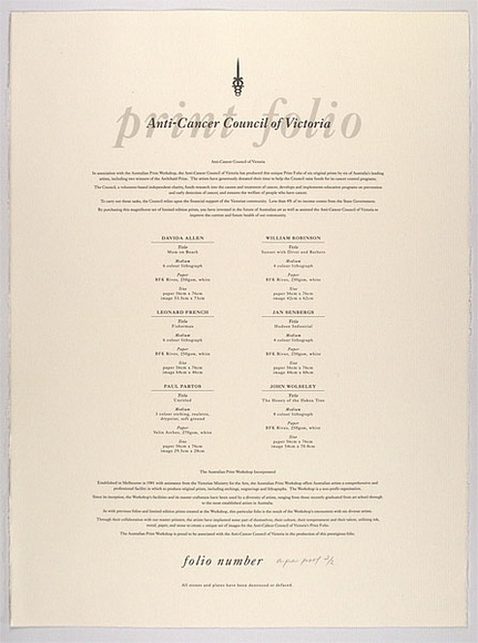Title: b'Frontispiece from the Anti-cancer council of Victoria print folio.' | Date: 1990 | Technique: b'lithograph, printed in dark grey ink, from one stone'