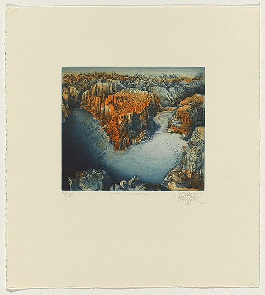 Title: b'Katherine Gorge, Northern Territory' | Date: 1989 | Technique: b'etching, printed in blue and orange ink, from one plate' Title: b'Katherine Gorge, Northern Territory' | Date: 1989 | Technique: b'etching, printed in blue and orange ink, from one plate'