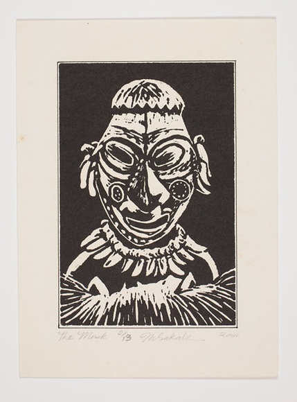 Artist: b'Sakale John, Laben.' | Title: b'The mask' | Date: 2001 | Technique: b'linocut, printed in black ink, from one block' Artist: b'Sakale John, Laben.' | Title: b'The mask' | Date: 2001 | Technique: b'linocut, printed in black ink, from one block'