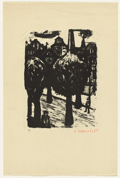 Artist: b'SELLBACH, Udo' | Title: b'Trees in a street' | Date: 1950 | Technique: b'lithograph, printed in black ink, from one stone' Artist: b'SELLBACH, Udo' | Title: b'Trees in a street' | Date: 1950 | Technique: b'lithograph, printed in black ink, from one stone'