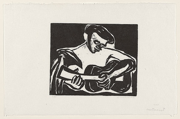 Artist: b'Groblicka, Lidia.' | Title: b'Guitarist' | Date: 1960 | Technique: b'woodcut, printed in black ink, from one block' Artist: b'Groblicka, Lidia.' | Title: b'Guitarist' | Date: 1960 | Technique: b'woodcut, printed in black ink, from one block'