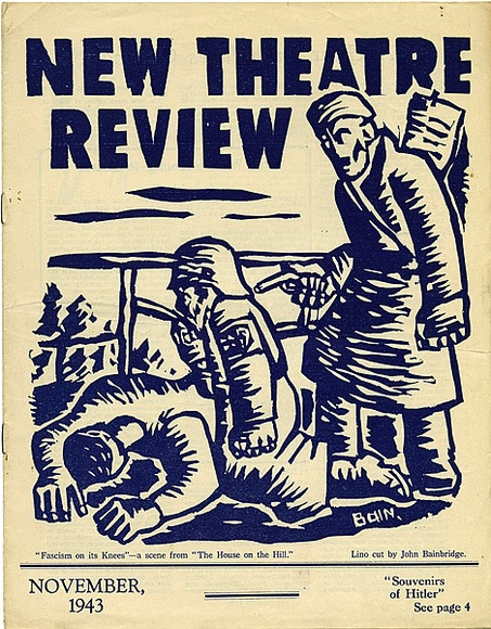 Title: b'New theatre review: November 1943' | Date: November 1943 | Technique: b'linocut, printed in dark blue ink, from one block; letterpress text' Title: b'New theatre review: November 1943' | Date: November 1943 | Technique: b'linocut, printed in dark blue ink, from one block; letterpress text'