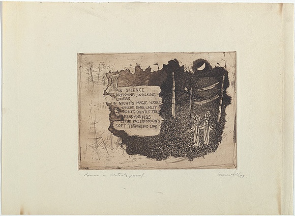 Artist: b'Barwell, Geoff.' | Title: b'Poem.' | Date: 1954 | Technique: b'etching and aquatint, printed in sepia ink with plate-tone, from one plate' Artist: b'Barwell, Geoff.' | Title: b'Poem.' | Date: 1954 | Technique: b'etching and aquatint, printed in sepia ink with plate-tone, from one plate'
