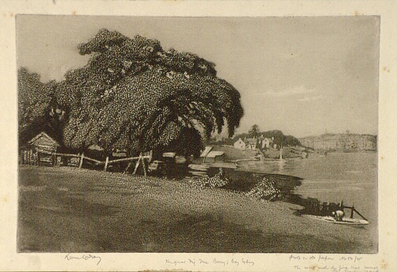 Artist: b'LINDSAY, Lionel' | Title: bThe great fig tree, Berry's Bay, Sydney | Date: 1923 | Technique: b'spirit-aquatint and roulette, printed in black ink, from one plate' | Copyright: b'Courtesy of the National Library of Australia' Artist: b'LINDSAY, Lionel' | Title: bThe great fig tree, Berry's Bay, Sydney | Date: 1923 | Technique: b'spirit-aquatint and roulette, printed in black ink, from one plate' | Copyright: b'Courtesy of the National Library of Australia'