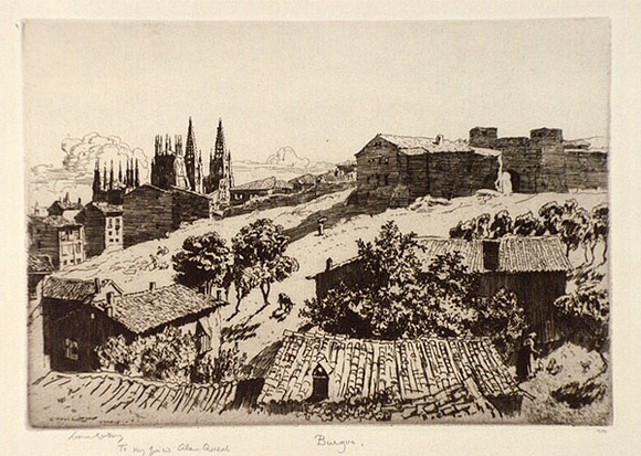 Artist: b'LINDSAY, Lionel' | Title: b'Burgos' | Date: 1927 | Technique: b'etching, printed in brown ink with plate-tone, from one plate' | Copyright: b'Courtesy of the National Library of Australia' Artist: b'LINDSAY, Lionel' | Title: b'Burgos' | Date: 1927 | Technique: b'etching, printed in brown ink with plate-tone, from one plate' | Copyright: b'Courtesy of the National Library of Australia'