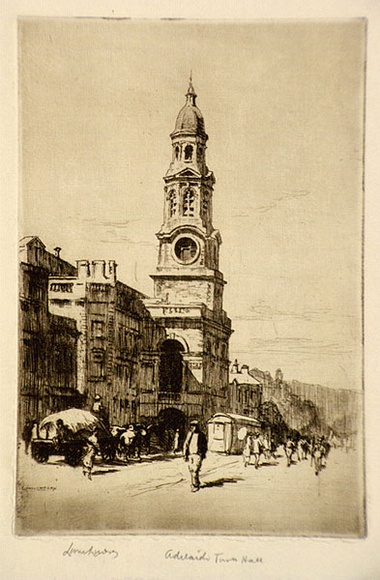 Artist: b'LINDSAY, Lionel' | Title: b'Adelaide Town Hall' | Date: 1920 | Technique: b'etching, printed in brown ink with plate-tone, from one copper plate' | Copyright: b'Courtesy of the National Library of Australia' Artist: b'LINDSAY, Lionel' | Title: b'Adelaide Town Hall' | Date: 1920 | Technique: b'etching, printed in brown ink with plate-tone, from one copper plate' | Copyright: b'Courtesy of the National Library of Australia'