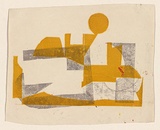 Title: The red bridge | Date: c. 1955 | Technique: screenprint, printed in tan ink, from one stencil; stamped print, printed in colour, from multiple stamps