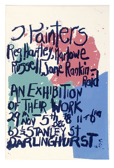 Artist: b'Hartley, Reg.' | Title: b'Three painters: Reg Hartley, Marlowe Russell, Jane Rankin-Reid. An exhibition of their work.' | Date: 1978 | Technique: b'screenprint, printed in colour, from four stencils' Artist: b'Hartley, Reg.' | Title: b'Three painters: Reg Hartley, Marlowe Russell, Jane Rankin-Reid. An exhibition of their work.' | Date: 1978 | Technique: b'screenprint, printed in colour, from four stencils'
