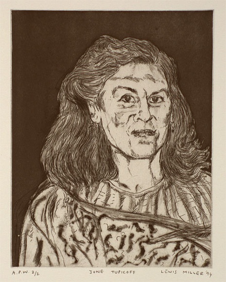 Artist: b'Miller, Lewis.' | Title: b'June Tupicoff' | Date: 1994 | Technique: b'etching, printed in black ink, from one plate' | Copyright: b'\xc2\xa9 Lewis Miller. Licensed by VISCOPY, Australia' Artist: b'Miller, Lewis.' | Title: b'June Tupicoff' | Date: 1994 | Technique: b'etching, printed in black ink, from one plate' | Copyright: b'\xc2\xa9 Lewis Miller. Licensed by VISCOPY, Australia'