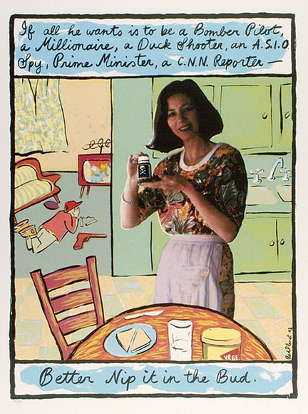 Artist: b'Red Planet Posters.' | Title: b'Nip it in the bud' | Date: 1992 | Technique: b'screenprint, printed in colour, from nine stencils' Artist: b'Red Planet Posters.' | Title: b'Nip it in the bud' | Date: 1992 | Technique: b'screenprint, printed in colour, from nine stencils'