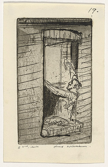 Artist: b'WILLIAMS, Fred' | Title: b'The window washer' | Date: 1954-66 | Technique: b'etching, aquatint, rough biting, engraving, drypoint, printed in black ink, from one zinc plate' | Copyright: b'\xc2\xa9 Fred Williams Estate' Artist: b'WILLIAMS, Fred' | Title: b'The window washer' | Date: 1954-66 | Technique: b'etching, aquatint, rough biting, engraving, drypoint, printed in black ink, from one zinc plate' | Copyright: b'\xc2\xa9 Fred Williams Estate'