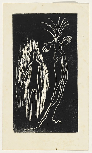 Artist: b'Lempriere, Helen' | Title: b'Bimi creating woman' | Date: 1960s | Technique: b'linocut, printed in black ink, from one block' Artist: b'Lempriere, Helen' | Title: b'Bimi creating woman' | Date: 1960s | Technique: b'linocut, printed in black ink, from one block'