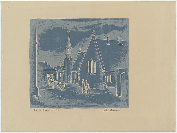 Artist: b'Sumner, Alan.' | Title: b'Church School Carlton' | Date: 1948 | Technique: b'screenprint, printed in colour, from two stencils' Artist: b'Sumner, Alan.' | Title: b'Church School Carlton' | Date: 1948 | Technique: b'screenprint, printed in colour, from two stencils'