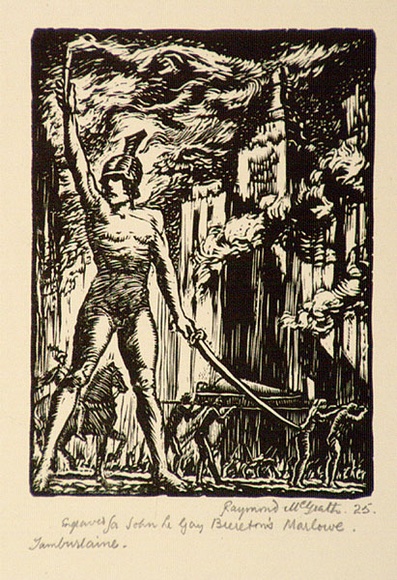 Artist: b'McGrath, Raymond.' | Title: b'Techelies, draw thy sword.' | Date: 1925 | Technique: b'wood-engraving, printed in black ink, from one block' Artist: b'McGrath, Raymond.' | Title: b'Techelies, draw thy sword.' | Date: 1925 | Technique: b'wood-engraving, printed in black ink, from one block'