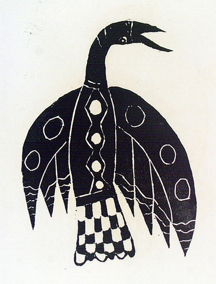 Artist: b'Artist unknown' | Title: b'Bird with checkerboard tail pattern' | Date: 1970s | Technique: b'woodcut, printed in black ink, from one block' Artist: b'Artist unknown' | Title: b'Bird with checkerboard tail pattern' | Date: 1970s | Technique: b'woodcut, printed in black ink, from one block'