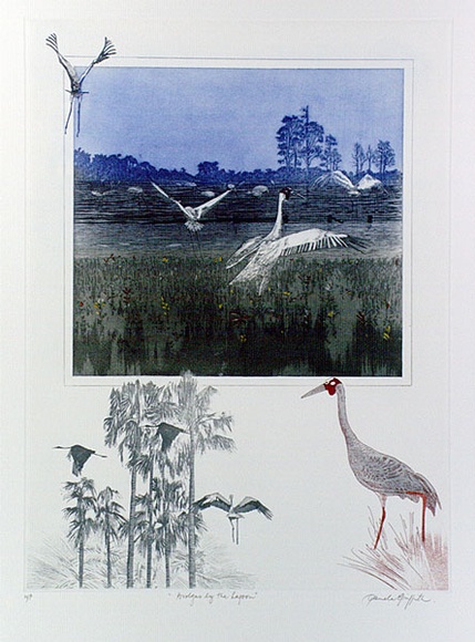 Artist: b'GRIFFITH, Pamela' | Title: b'Brolgas by the lagoon' | Date: 1989 | Technique: b'hard ground, aquatint, soft ground, from one copper plate; additional hand-tinting,' | Copyright: b'\xc2\xa9 Pamela Griffith' Artist: b'GRIFFITH, Pamela' | Title: b'Brolgas by the lagoon' | Date: 1989 | Technique: b'hard ground, aquatint, soft ground, from one copper plate; additional hand-tinting,' | Copyright: b'\xc2\xa9 Pamela Griffith'