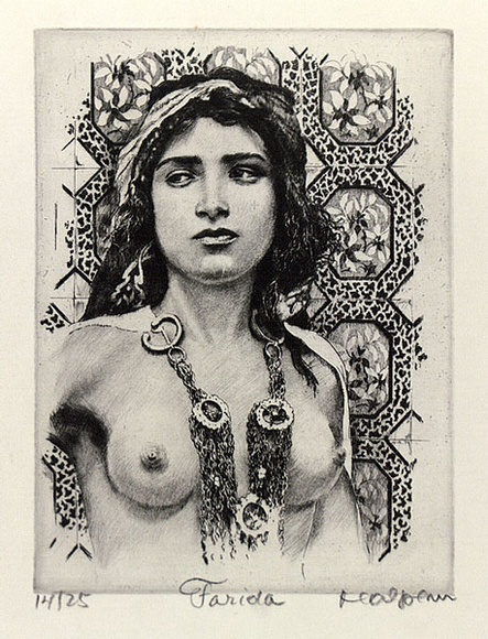 Artist: b'Halpern, Frederick.' | Title: b'Farida' | Date: c.1960 | Technique: b'etching and drypoint, printed in black ink, from one plate' | Copyright: bCourtesy of Frederick Halpern's estate Artist: b'Halpern, Frederick.' | Title: b'Farida' | Date: c.1960 | Technique: b'etching and drypoint, printed in black ink, from one plate' | Copyright: bCourtesy of Frederick Halpern's estate