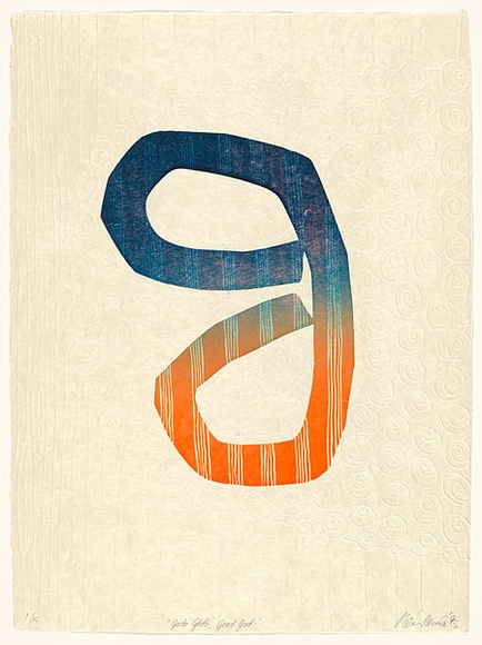 Artist: b'Clarke, Neilton.' | Title: b'Godo Godo, Good God.' | Date: 1993 | Technique: b'woodcut, printed in colour, from multiple blocks; embossing' Artist: b'Clarke, Neilton.' | Title: b'Godo Godo, Good God.' | Date: 1993 | Technique: b'woodcut, printed in colour, from multiple blocks; embossing'