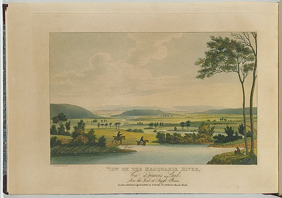 Artist: b'Lycett, Joseph.' | Title: bView on the Macquarie River, Van Diemen's Land, near the Ford at Argyle Plains. | Date: 1825 | Technique: b'etching and aquatint, printed in black ink, from one copper plate; hand-coloured' Artist: b'Lycett, Joseph.' | Title: bView on the Macquarie River, Van Diemen's Land, near the Ford at Argyle Plains. | Date: 1825 | Technique: b'etching and aquatint, printed in black ink, from one copper plate; hand-coloured'