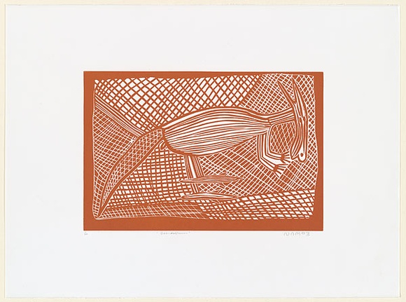 Artist: b'Burra Burra, Sambo.' | Title: b'Garndalpurru' | Date: c.2001 | Technique: b'linocut, printed in brown ink, from one block' Artist: b'Burra Burra, Sambo.' | Title: b'Garndalpurru' | Date: c.2001 | Technique: b'linocut, printed in brown ink, from one block'