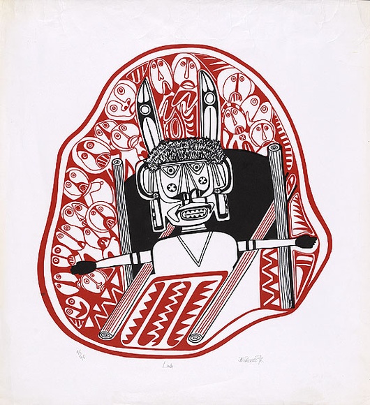 Artist: b'Lasisi, David.' | Title: b'Lupa' | Date: 1976 | Technique: b'screenprint, printed in red and black, from two stencils' Artist: b'Lasisi, David.' | Title: b'Lupa' | Date: 1976 | Technique: b'screenprint, printed in red and black, from two stencils'