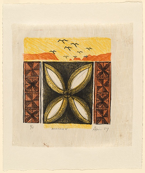 Artist: bFeu'u, Fatu | Title: b'Amataga.' | Date: 1988 | Technique: b'lithograph, printed in colour, from multiple blocks' | Copyright: b\xc2\xa9 Fatu Feu'u Artist: bFeu'u, Fatu | Title: b'Amataga.' | Date: 1988 | Technique: b'lithograph, printed in colour, from multiple blocks' | Copyright: b\xc2\xa9 Fatu Feu'u