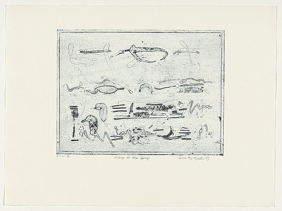 Artist: b'McMaster, Anne.' | Title: b'Findings at Alice Springs' | Date: 1989 | Technique: b'collagraph, printed in blue ink, from one plate' Artist: b'McMaster, Anne.' | Title: b'Findings at Alice Springs' | Date: 1989 | Technique: b'collagraph, printed in blue ink, from one plate'