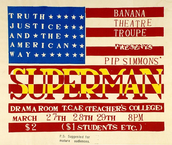 Artist: b'Rough and Ready Art Co.' | Title: b'Superman' | Date: 1980 | Technique: b'screenprint, printed in colour, from three stencils' Artist: b'Rough and Ready Art Co.' | Title: b'Superman' | Date: 1980 | Technique: b'screenprint, printed in colour, from three stencils'