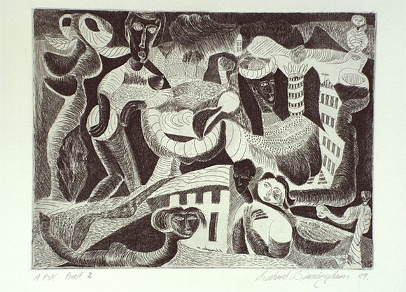 Artist: b'Birmingham, Richard.' | Title: b'not titled (swirling figures and buildings)' | Date: 1989 | Technique: b'etching, printed in black ink, from one plate' Artist: b'Birmingham, Richard.' | Title: b'not titled (swirling figures and buildings)' | Date: 1989 | Technique: b'etching, printed in black ink, from one plate'