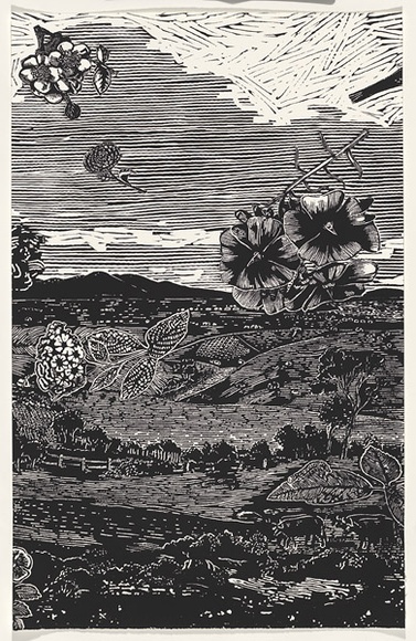 Title: bView of Geelong toward great, great grandmother Stinton's garden - Panel 2 | Date: 2007 | Technique: b'linocut, printed in black ink, from one block' Title: bView of Geelong toward great, great grandmother Stinton's garden - Panel 2 | Date: 2007 | Technique: b'linocut, printed in black ink, from one block'