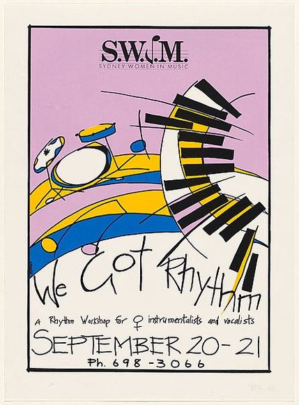 Artist: b'Tanya.' | Title: b'S.W.I.M. - Sydney Women in Music' | Date: 1986 | Technique: b'screenprint, printed in colour, from four stencils' Artist: b'Tanya.' | Title: b'S.W.I.M. - Sydney Women in Music' | Date: 1986 | Technique: b'screenprint, printed in colour, from four stencils'
