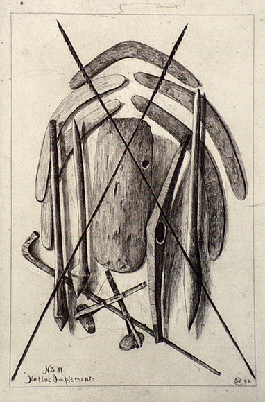 Artist: b'SIDMAN, William' | Title: b'N.S.W. native implements' | Date: 1892 | Technique: b'etching and aquatint, printed in black ink, with plate-tone, from one copper plate' Artist: b'SIDMAN, William' | Title: b'N.S.W. native implements' | Date: 1892 | Technique: b'etching and aquatint, printed in black ink, with plate-tone, from one copper plate'