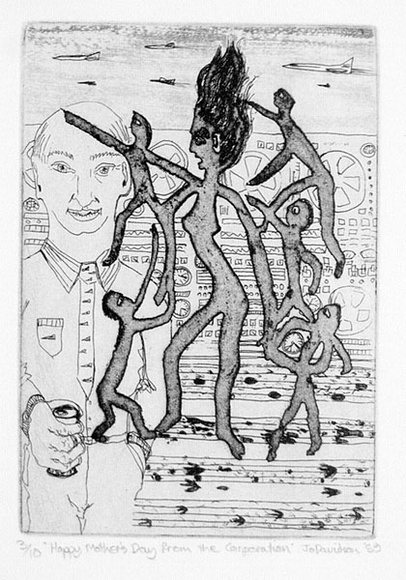 Artist: b'Davidson, Jo.' | Title: bHappy Mother's Day from the Corporation. | Date: 1989 | Technique: b'etching, printed in black ink, from one plate' | Copyright: b'\xc2\xa9 Jo Davidson. Licensed by VISCOPY, Australia' Artist: b'Davidson, Jo.' | Title: bHappy Mother's Day from the Corporation. | Date: 1989 | Technique: b'etching, printed in black ink, from one plate' | Copyright: b'\xc2\xa9 Jo Davidson. Licensed by VISCOPY, Australia'