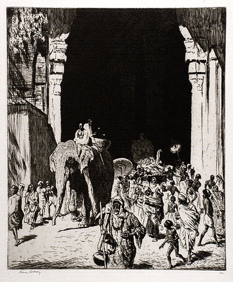 Artist: b'LINDSAY, Lionel' | Title: b'Temple entry, Madura' | Date: 1929 | Technique: b'etching, printed in brown ink, from one plate' | Copyright: b'Courtesy of the National Library of Australia'
