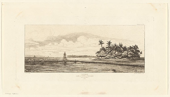 Artist: b'Meryon, Charles.' | Title: b'Oceanie: Ilots \xc3\xa0 Uvea (Wallis): P\xc3\xaache aux palmes 1845 (Oceania: Islets at Ouvea (Wallis), Fishing with palm trees)' | Date: 1863 | Technique: b'etching, printed in warm black ink, from one plate' Artist: b'Meryon, Charles.' | Title: b'Oceanie: Ilots \xc3\xa0 Uvea (Wallis): P\xc3\xaache aux palmes 1845 (Oceania: Islets at Ouvea (Wallis), Fishing with palm trees)' | Date: 1863 | Technique: b'etching, printed in warm black ink, from one plate'