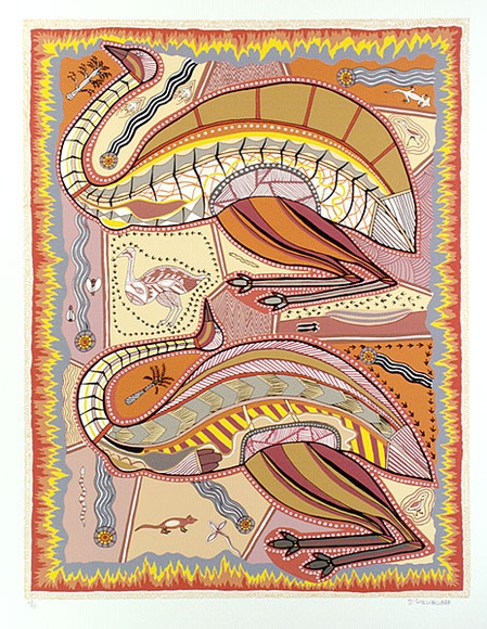 Artist: b'Gingingara, Doris.' | Title: b'Emu and turkey' | Technique: b'screenprint, printed in colour, from multiple stencils' Artist: b'Gingingara, Doris.' | Title: b'Emu and turkey' | Technique: b'screenprint, printed in colour, from multiple stencils'