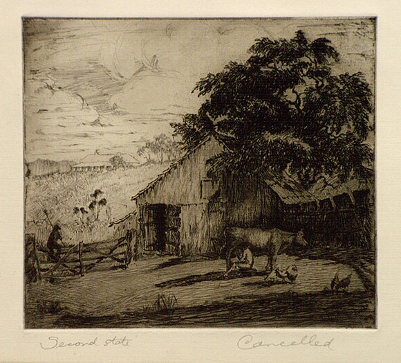 Artist: b'Bull, Norma C.' | Title: b'Sundown.' | Date: 1934 | Technique: b'etching and aquatint, printed in black ink with plate-tone, from one plate' Artist: b'Bull, Norma C.' | Title: b'Sundown.' | Date: 1934 | Technique: b'etching and aquatint, printed in black ink with plate-tone, from one plate'