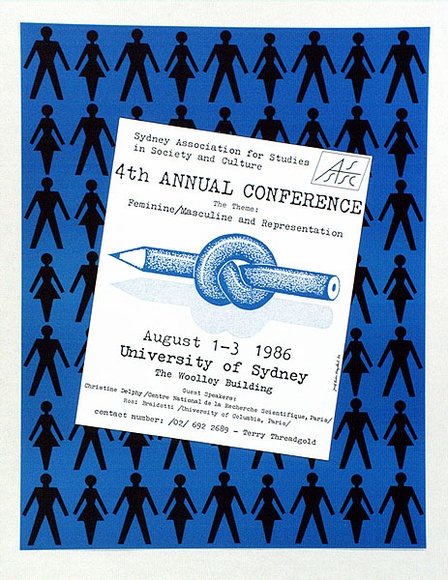 Artist: b'Stejskal, Josef Lada.' | Title: b'Sydney Association for Studies in Society and Culture: 4th Annual Conference ... University of Sydney.' | Date: 1986 | Technique: b'offset-lithograph, printed in black ink, from one plate' Artist: b'Stejskal, Josef Lada.' | Title: b'Sydney Association for Studies in Society and Culture: 4th Annual Conference ... University of Sydney.' | Date: 1986 | Technique: b'offset-lithograph, printed in black ink, from one plate'