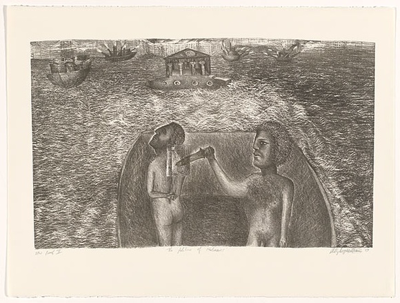 Artist: b'Doggett-Williams, Phillip.' | Title: b'The Politics of Ptolemaics' | Date: 1987 | Technique: b'lithograph, printed in black ink, from one stone' Artist: b'Doggett-Williams, Phillip.' | Title: b'The Politics of Ptolemaics' | Date: 1987 | Technique: b'lithograph, printed in black ink, from one stone'