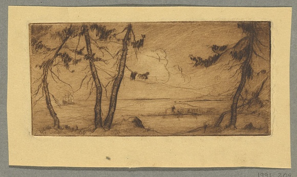 Artist: b'Coleman, Constance.' | Title: b'(Tree with distant ship on the bay).' | Date: c.1944 | Technique: b'etching, printed in brown ink with plate-tone, from one plate' Artist: b'Coleman, Constance.' | Title: b'(Tree with distant ship on the bay).' | Date: c.1944 | Technique: b'etching, printed in brown ink with plate-tone, from one plate'