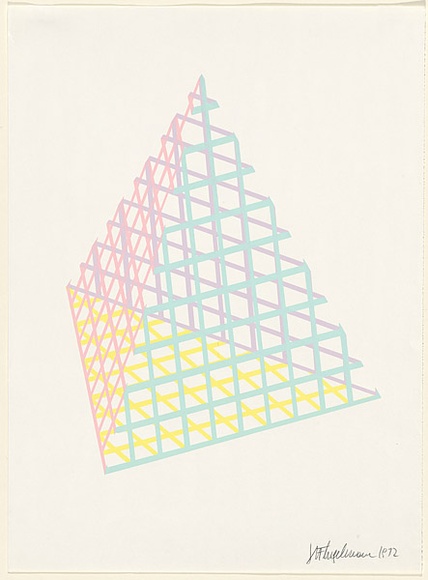 Artist: b'Flugelman, Bert.' | Title: b'(Pyramid in mesh).' | Date: 1972 | Technique: b'screenprint, printed in colour, from four stencil' | Copyright: b'\xc2\xa9 Bert Flugelman' Artist: b'Flugelman, Bert.' | Title: b'(Pyramid in mesh).' | Date: 1972 | Technique: b'screenprint, printed in colour, from four stencil' | Copyright: b'\xc2\xa9 Bert Flugelman'