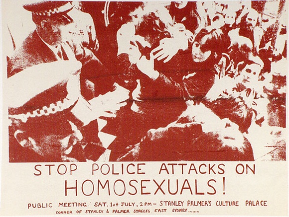 Artist: b'UNKNOWN' | Title: b'Stop police attacks on homosexuals!' | Date: 1978 | Technique: b'screenprint, printed in brown ink, from one stencil' Artist: b'UNKNOWN' | Title: b'Stop police attacks on homosexuals!' | Date: 1978 | Technique: b'screenprint, printed in brown ink, from one stencil'