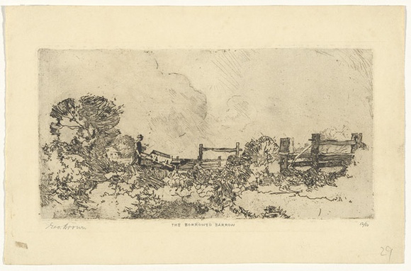 Artist: b'Brown, George.' | Title: b'The borrowed barrow.' | Date: (1920s) | Technique: b'etching and aquatint in black ink with plate-tone, from one plate' Artist: b'Brown, George.' | Title: b'The borrowed barrow.' | Date: (1920s) | Technique: b'etching and aquatint in black ink with plate-tone, from one plate'