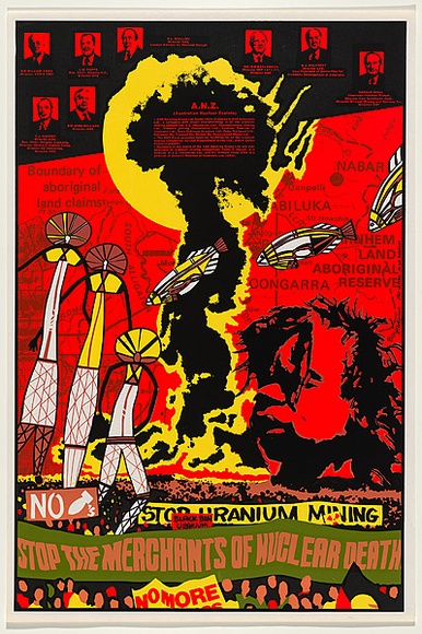 Artist: b'Clutterbuck, Bob.' | Title: b'Stop the merchants of nuclear death.' | Date: 1982 | Technique: b'screenprint, printed in colour, from multiple stencils' Artist: b'Clutterbuck, Bob.' | Title: b'Stop the merchants of nuclear death.' | Date: 1982 | Technique: b'screenprint, printed in colour, from multiple stencils'