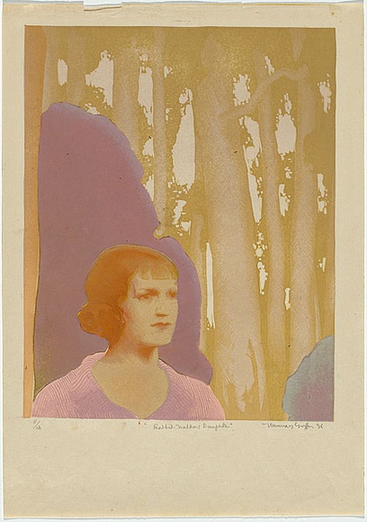 Artist: b'Griffin, Murray.' | Title: bRabbit trapper's daughter. | Date: 1936 | Technique: b'linocut, printed in colour, from multiple blocks' Artist: b'Griffin, Murray.' | Title: bRabbit trapper's daughter. | Date: 1936 | Technique: b'linocut, printed in colour, from multiple blocks'