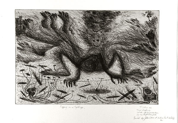 Artist: b'COLEING, Tony' | Title: b'Rapping on a tightrope.' | Date: 1986 | Technique: b'etching, printed in black ink, from one copper plate' Artist: b'COLEING, Tony' | Title: b'Rapping on a tightrope.' | Date: 1986 | Technique: b'etching, printed in black ink, from one copper plate'
