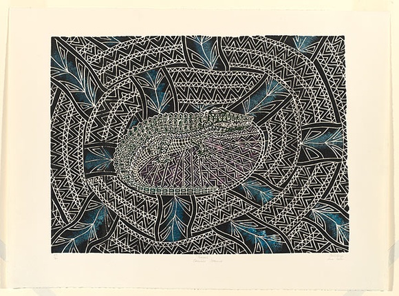 Artist: b'Gela, Anne.' | Title: b'Koedal: crocodile hatching' | Date: 1993 | Technique: b'linocut, printed in black ink, from one block; hand-coloured' Artist: b'Gela, Anne.' | Title: b'Koedal: crocodile hatching' | Date: 1993 | Technique: b'linocut, printed in black ink, from one block; hand-coloured'